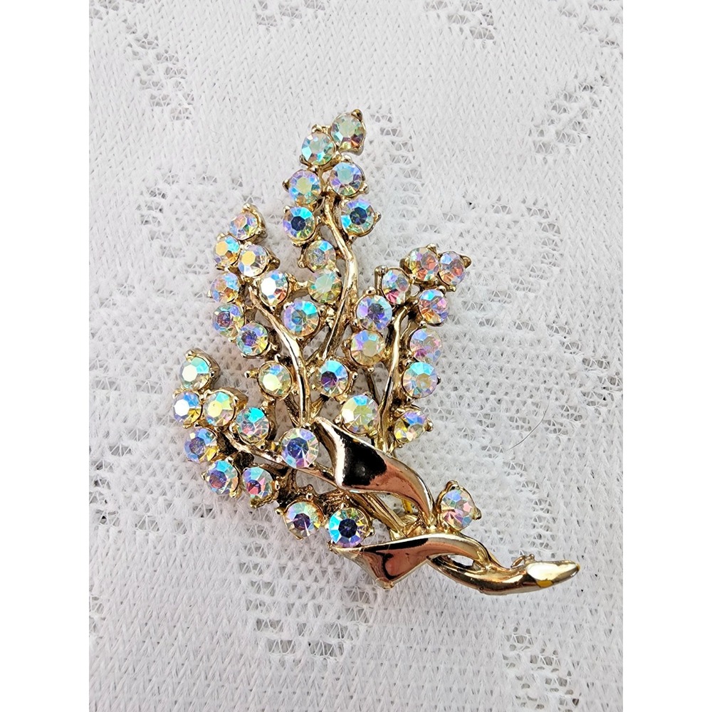 Vintage Aurora Borealis Brooch Mid‎ Century Gold Tone Floral Spray Retro Glam